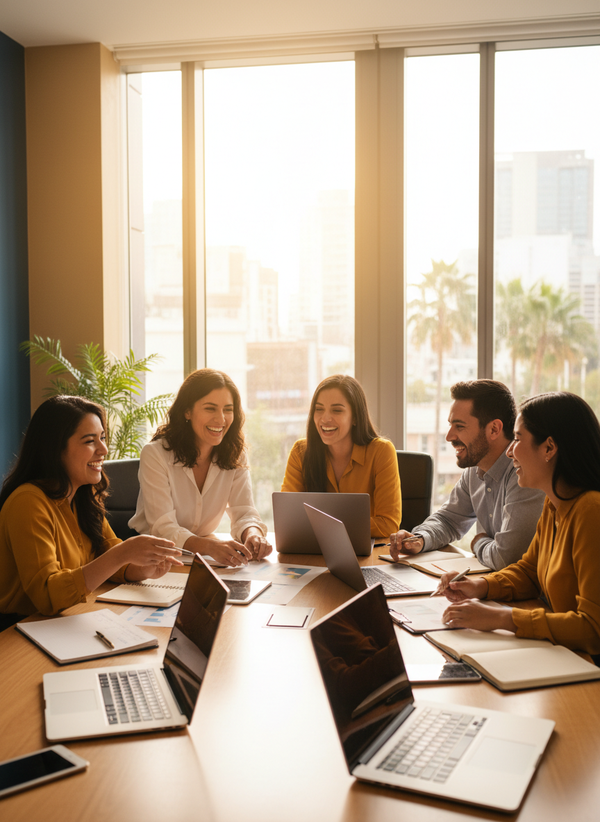 Grupo de 3 a 5 profesionales latinoamericanos sonriendo, reunidos alrededor de una mesa de trabajo moderna, con laptops y documentos, en una oficina luminosa y profesional, estilo fotografía realista, tonos cálidos y corporativos