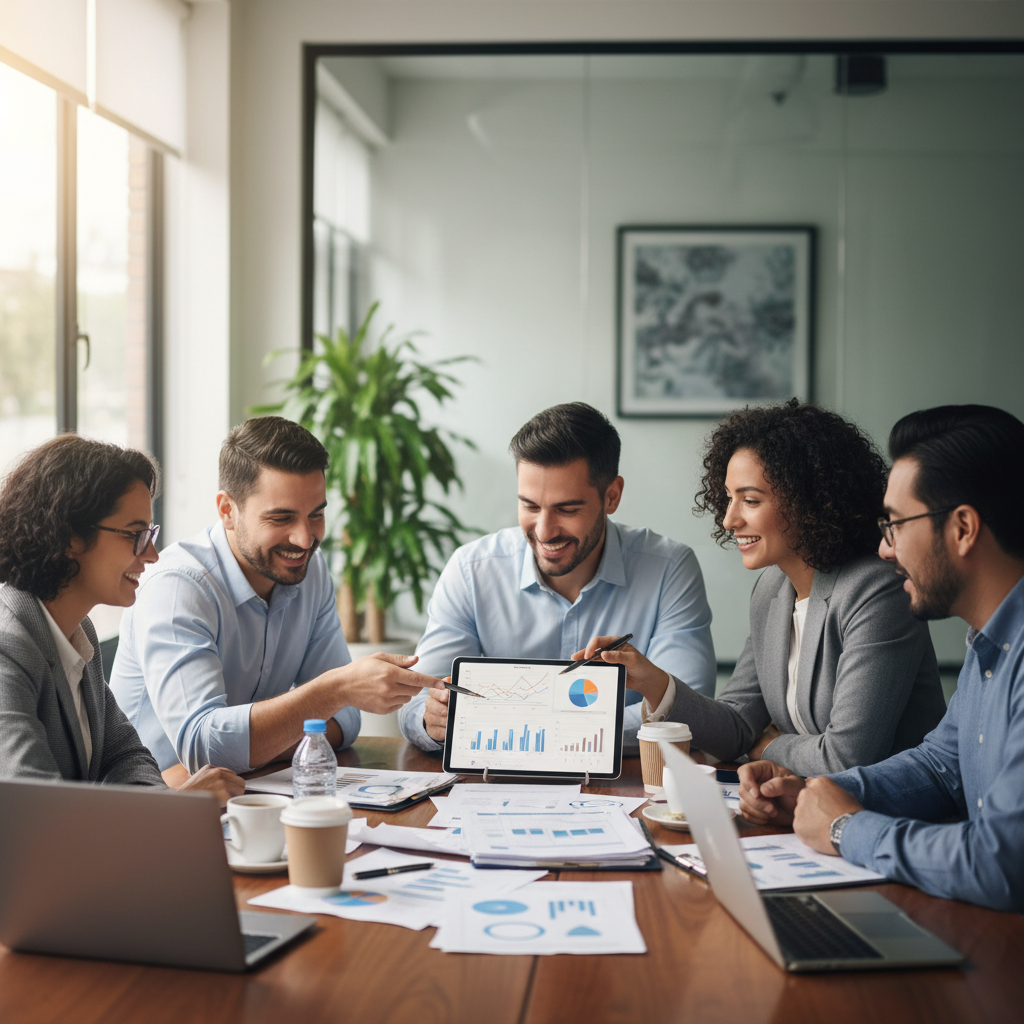 Grupo de profesionales latinos en una reunión de trabajo en una oficina moderna, con documentos financieros sobre la mesa y un ambiente colaborativo, estilo foto realista, iluminación suave profesional