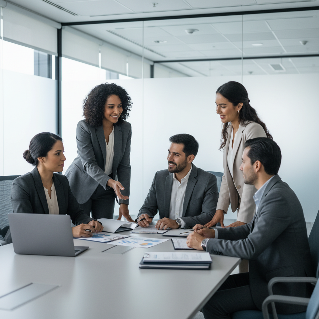 Square-format photo of a small group of Latin American professionals in a modern office, seated around a table with laptops and financial documents, collaborating in a neutral, professional setting. Use a gray-dominant, softly lit color palette that matches a light gray UI background, with subtle accents in muted blues and whites. Style: photographic realism, corporate, friendly but formal, no text or logos.