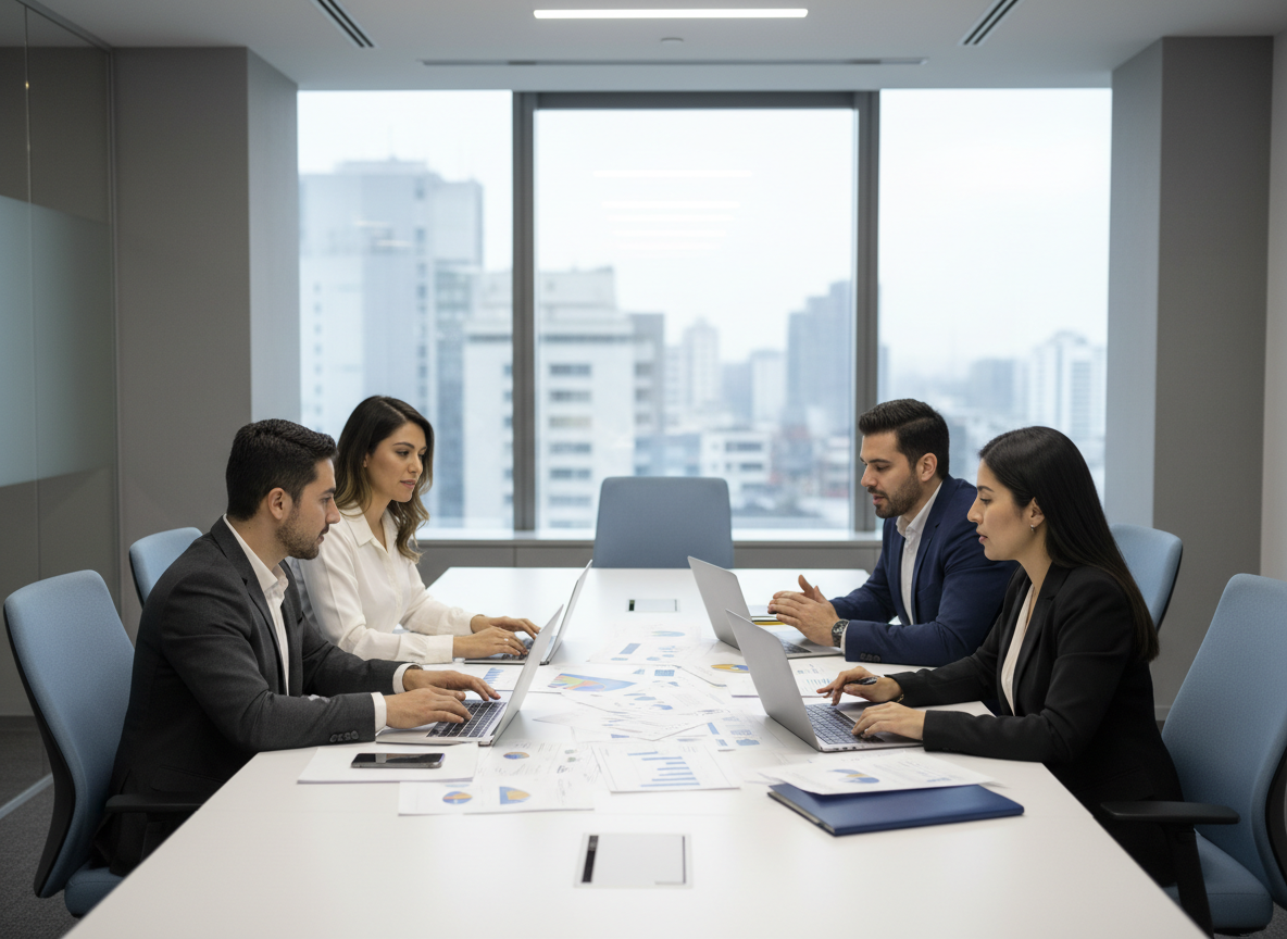 Landscape stock-style photo of a small group of Latin American professionals in a modern office, seated around a table with laptops and financial documents, collaborating in a neutral, trustworthy corporate setting. Neutral gray-dominant color palette with subtle blues and whites, no orange tones, soft professional lighting, photographic realism.