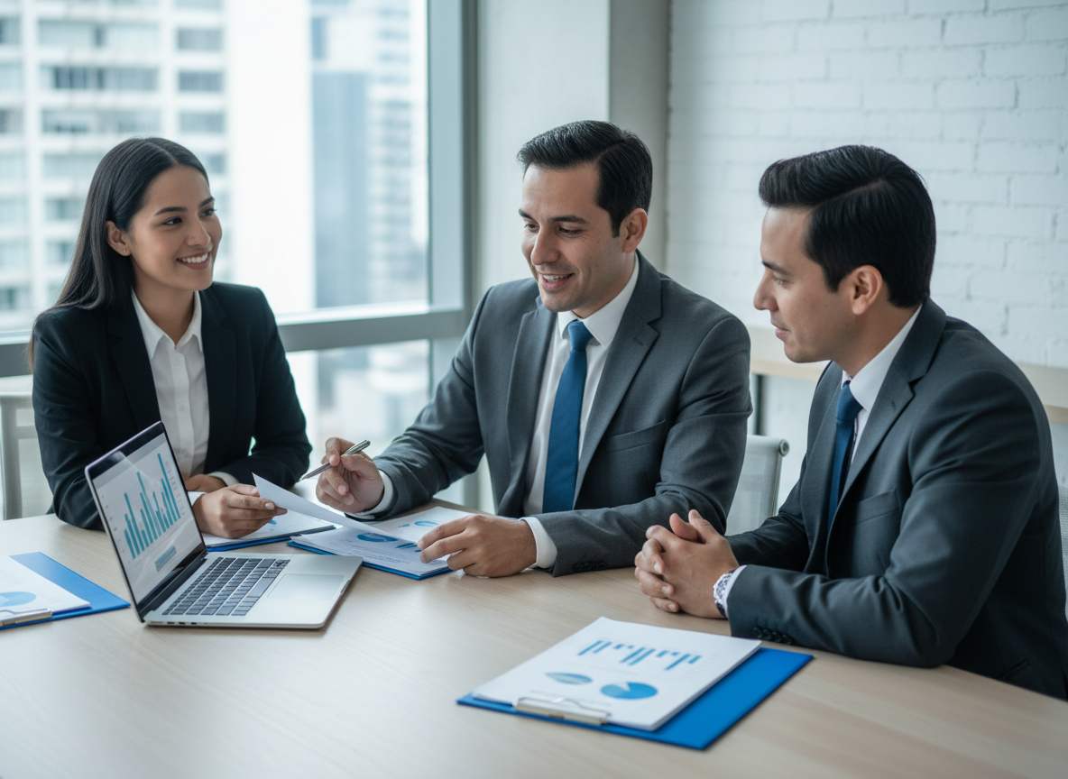 Landscape stock-style photo of two to four Latin American finance professionals in a bright but neutral-toned office, gathered around a desk reviewing printed financial reports and graphs on a laptop screen, conveying professionalism, clarity, and a welcoming advisory relationship. Palette in cool grays and soft blues, no orange tones, photographic realism.