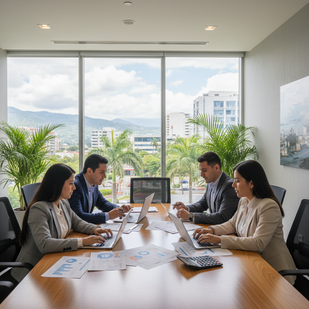 Latino professionals collaborating in a modern financial office in Costa Rica, seated around a desk with laptops, documents, and a calculator visible, neutral light, clean and calm atmosphere, no logos, no text overlay