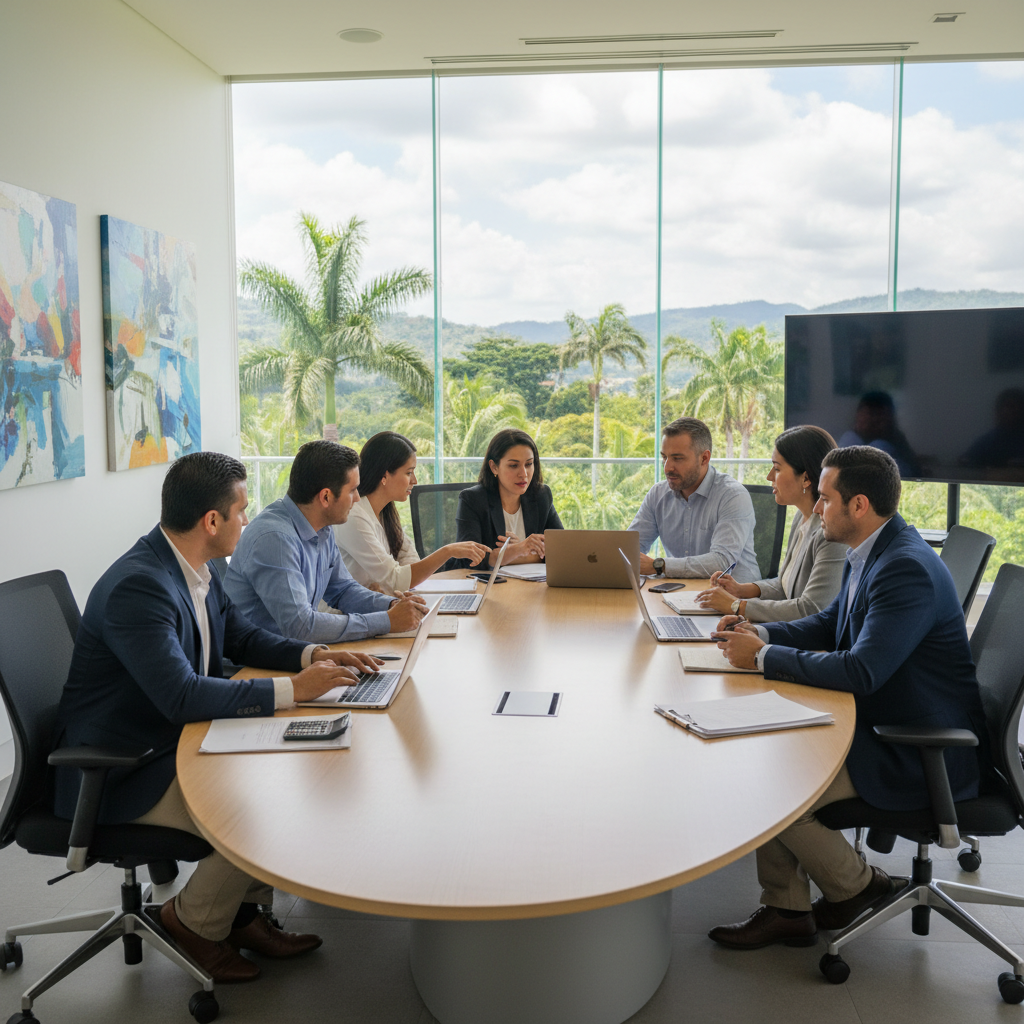 Latino professionals en Costa Rica reunidos en una sala de juntas moderna, sentados alrededor de una mesa con portátiles, documentos y calculadora, ambiente luminoso y profesional, sin logotipos ni texto, estilo fotográfico realista