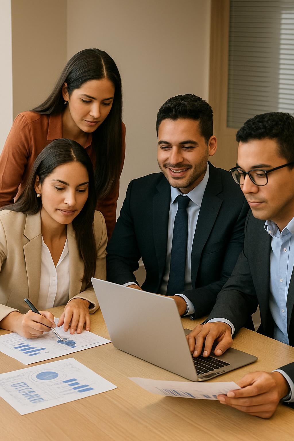 A professional group of Latin American accountants in a modern office in Costa Rica, collaborating over financial documents and a laptop, warm neutral colors, clean corporate style, photographed from the front, sharp focus