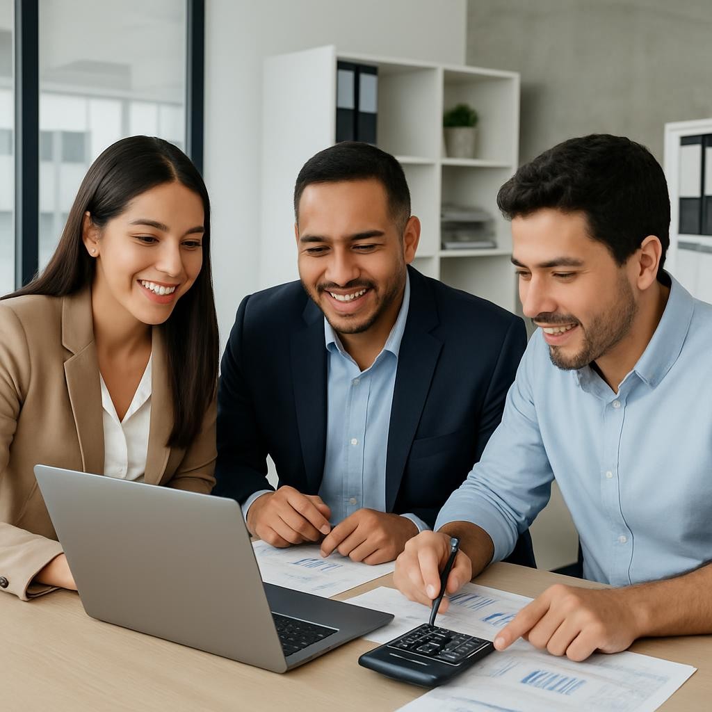 Latino financial professionals in a modern accounting office, collaborating over a laptop, calculator, and printed financial reports neatly arranged on a desk. Neutral light, corporate yet approachable style, no logos, no text overlay.