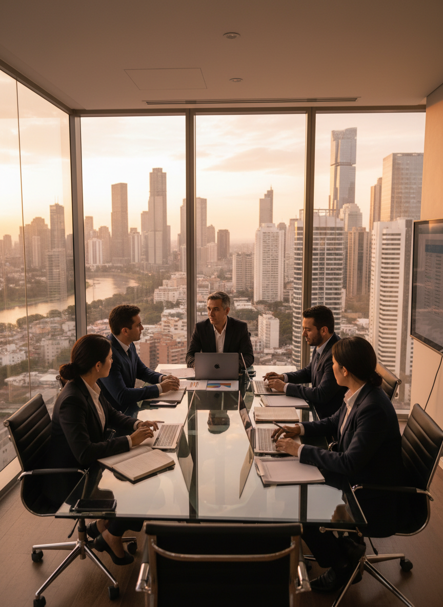 A group of Latin American accountants in a glass-walled meeting room with large windows showing an urban skyline, seated around a table with laptops and financial documents. Warm neutral lighting, professional and calm atmosphere, no logos, no text overlay.