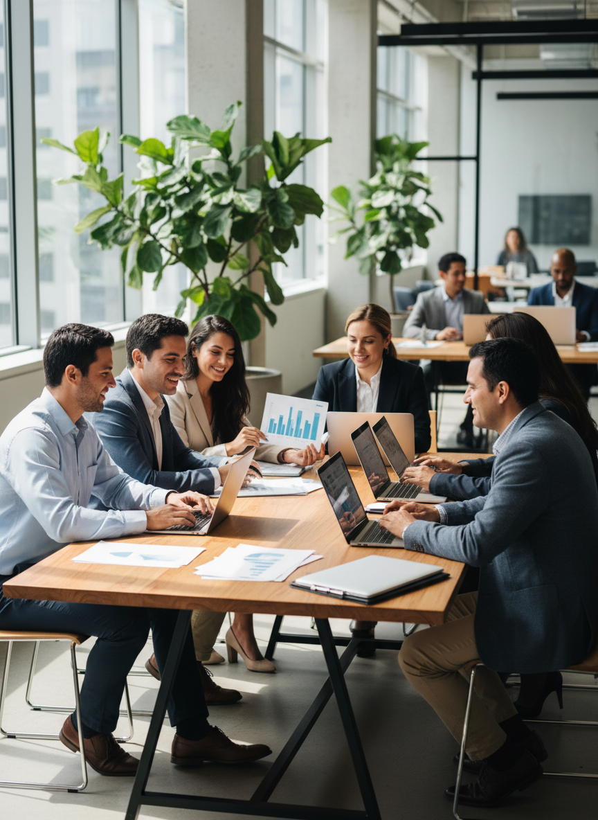 Latin American financial professionals in a bright, modern coworking space, seated around a shared table with laptops, financial reports, and a tablet showing graphs. Natural daylight from large windows, plants in the background, casual-business attire, collaborative atmosphere, no logos, no text overlay. Photorealistic, clean corporate style to match existing accounting imagery.