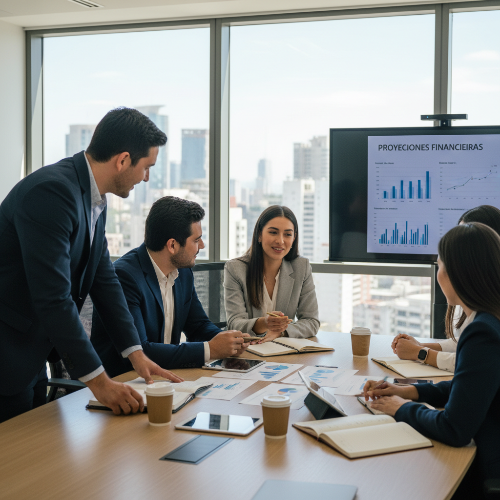 Grupo de profesionales latinos en una reunión de negocios moderna, revisando documentos financieros en una sala de juntas luminosa, estilo fotográfico realista, ambiente profesional y cercano